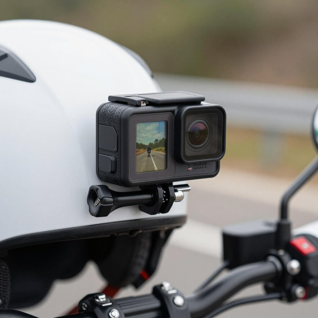 Action camera mounted on motorcycle helmet capturing riding footage