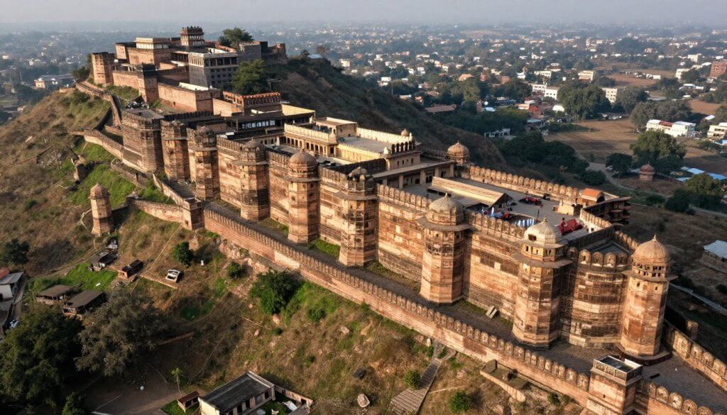 Aerial view of the massive Chittorgarh Fort complex with its walls, towers and internal structures