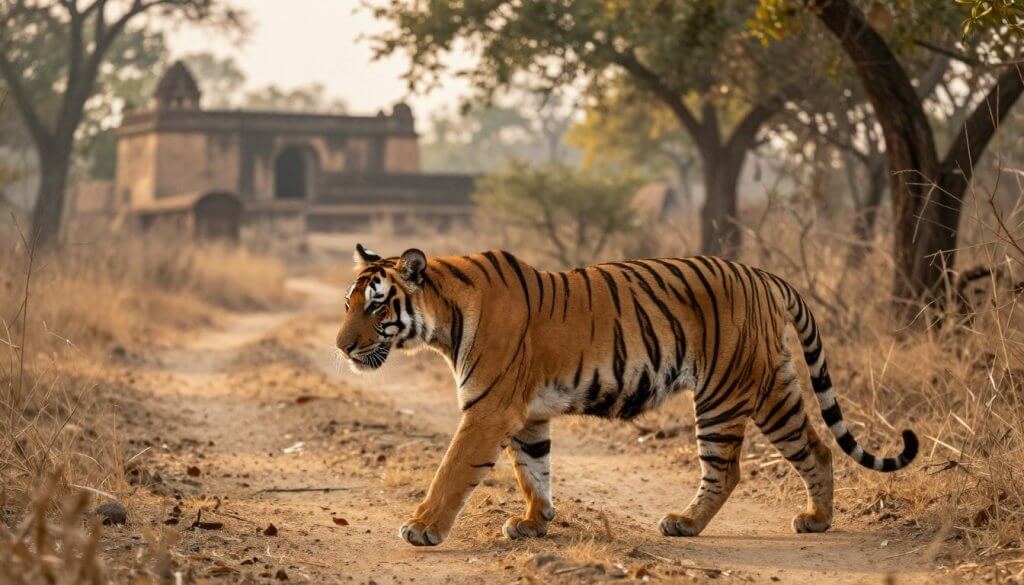 Bengal tiger walking on a forest path in Ranthambore National Park with ancient ruins in the background