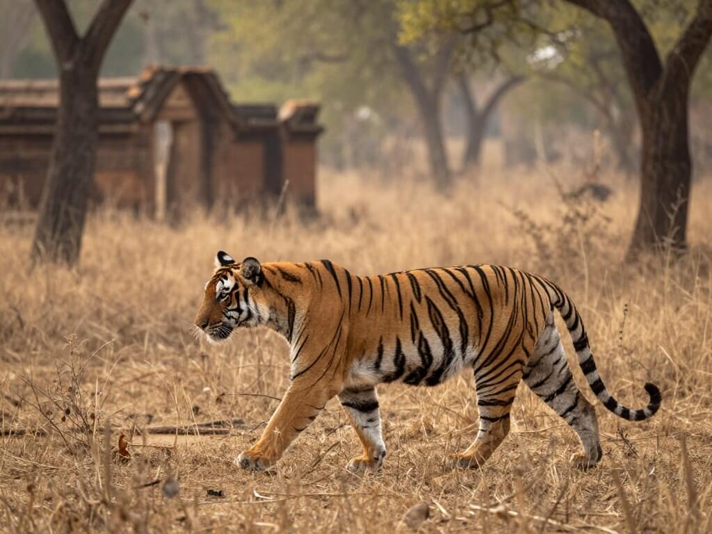Bengal tiger walking through the forest in Ranthambore National Park
