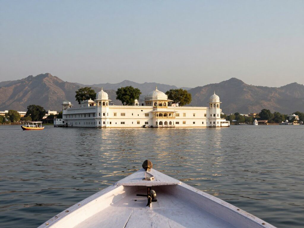 Boat ride on Lake Pichola with Lake Palace and City Palace visible