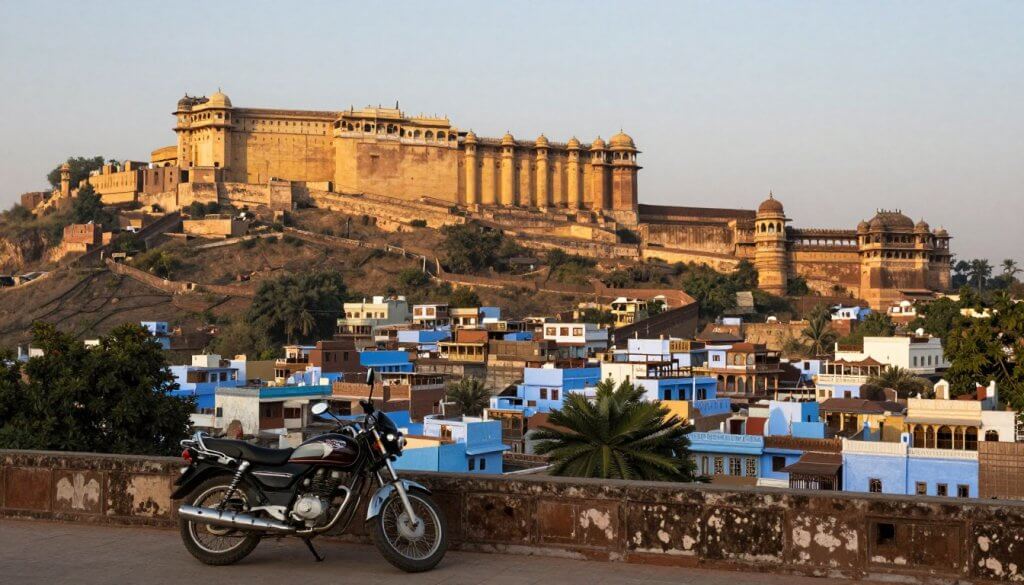 Bundi Palace and Fort overlooking the blue city of Bundi with a motorcycle parked in the foreground