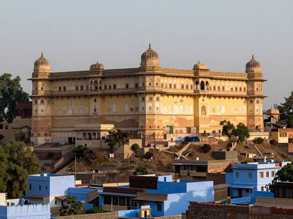 Bundi Palace with its faded murals and architecture overlooking the blue city