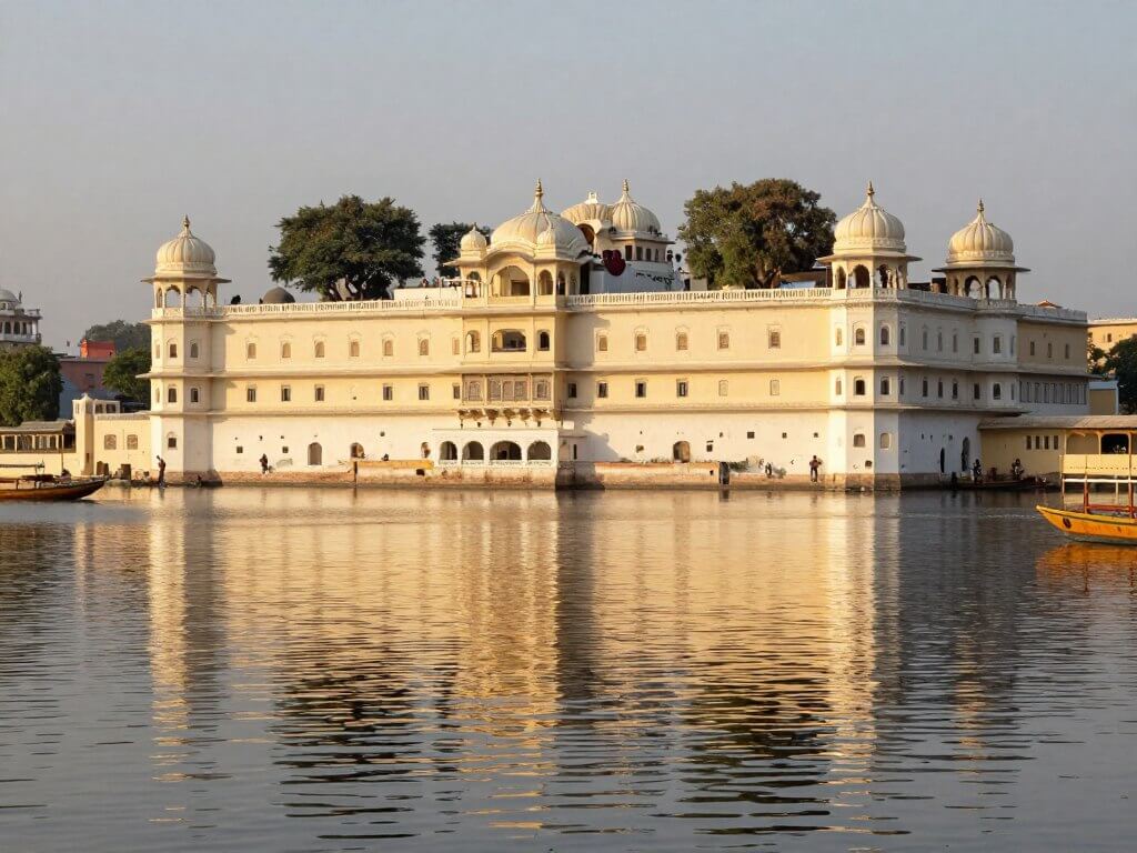 City Palace Udaipur viewed from Lake Pichola with its white facade and domes