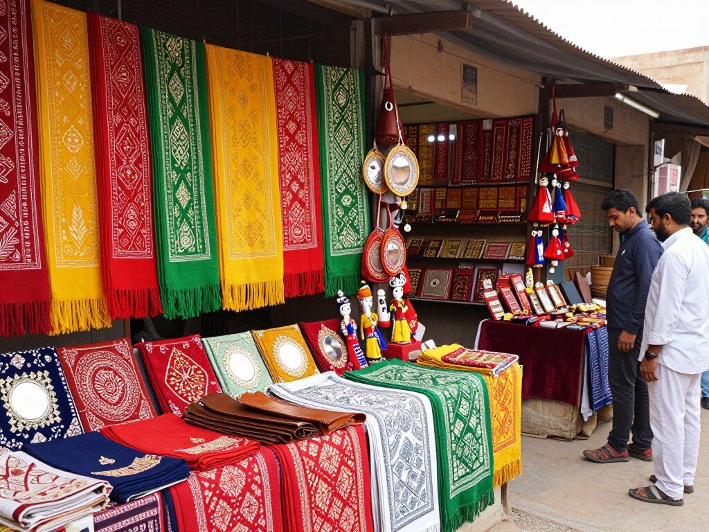 Colorful Rajasthani textiles and handicrafts in a traditional market