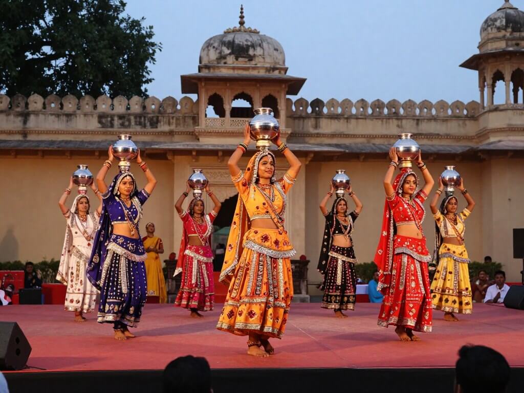 Cultural dance performance at Bagore Ki Haveli in Udaipur with colorfully dressed performers