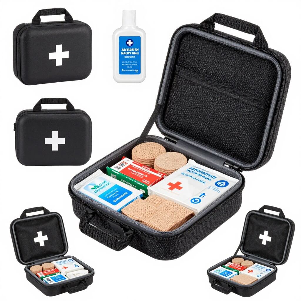 First aid kit designed for motorcycle touring with compact packaging