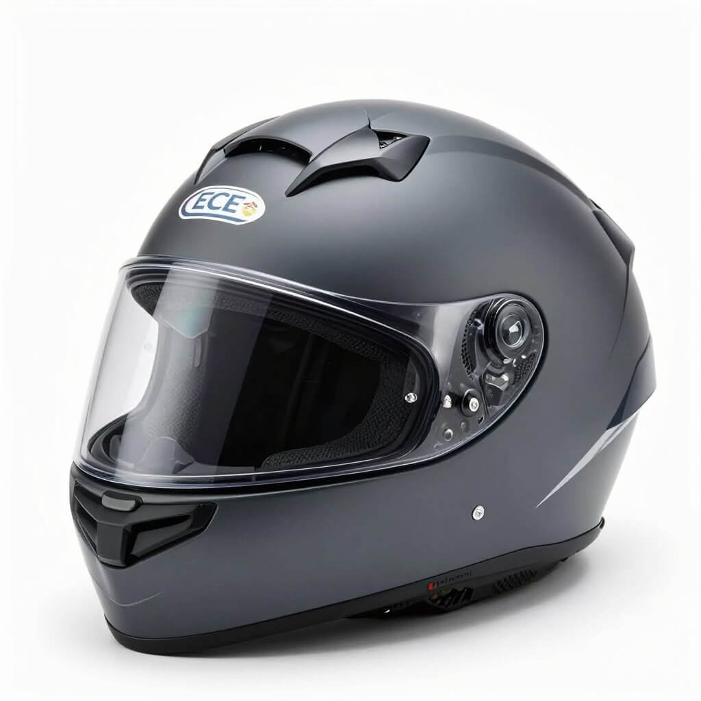 Full-face motorcycle helmet with ECE certification sticker visible
