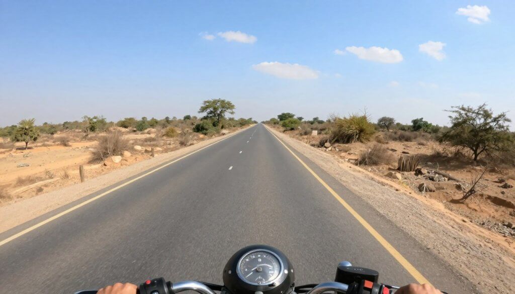 Highway road through rural Rajasthan with a motorcycle in the foreground and arid landscape in the background