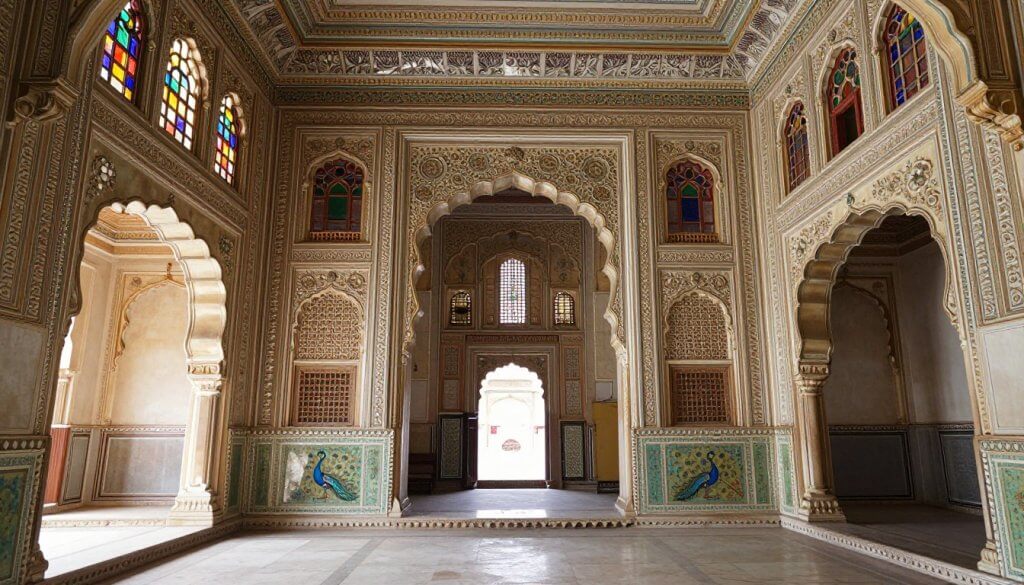 Interior courtyard of City Palace Udaipur showing intricate architecture, arches and decorative elements
