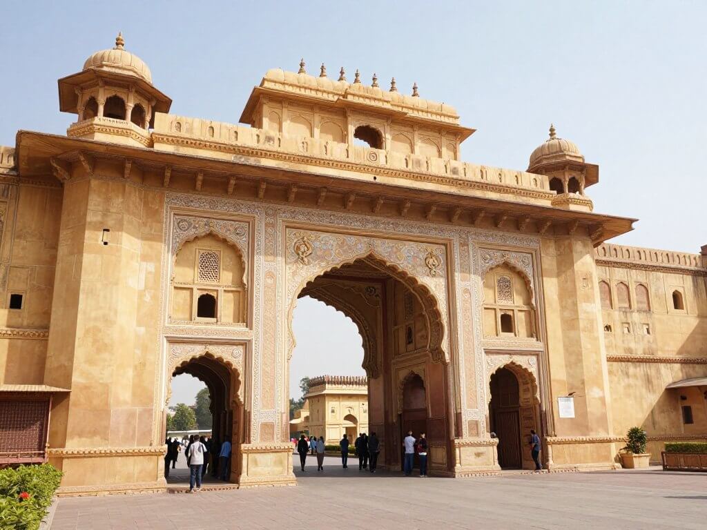 Intricate carvings and architecture of Amber Fort in Jaipur with tourists exploring the courtyard