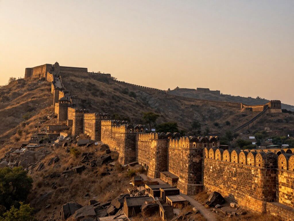 Kumbhalgarh Fort walls stretching across multiple hills at sunset