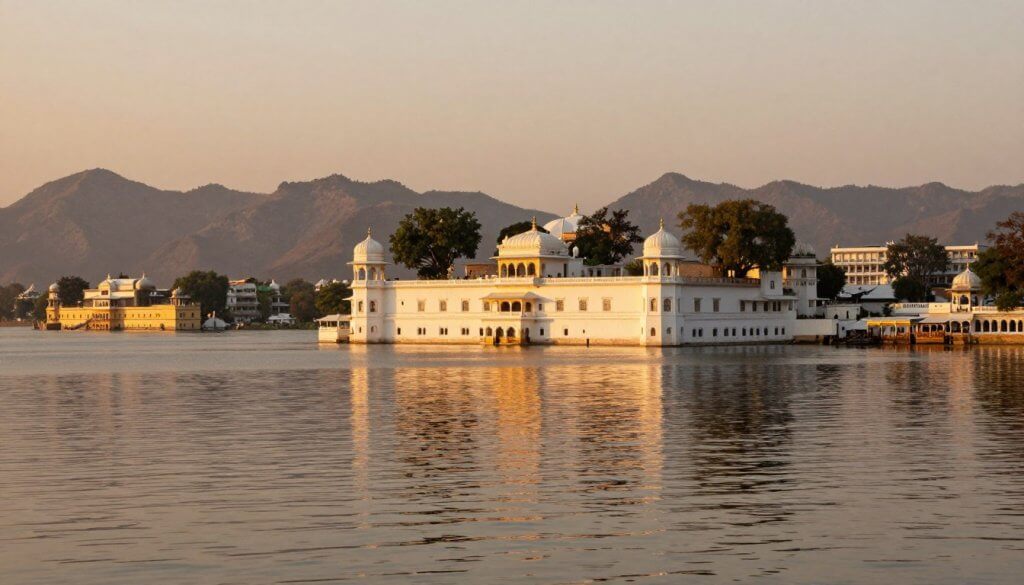 Lake Pichola in Udaipur with the Lake Palace in the center and City Palace complex along the shore