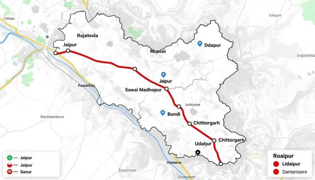 Map overview of Rajasthan bike trip route from Jaipur to Udaipur via Ranthambore with major stops highlighted