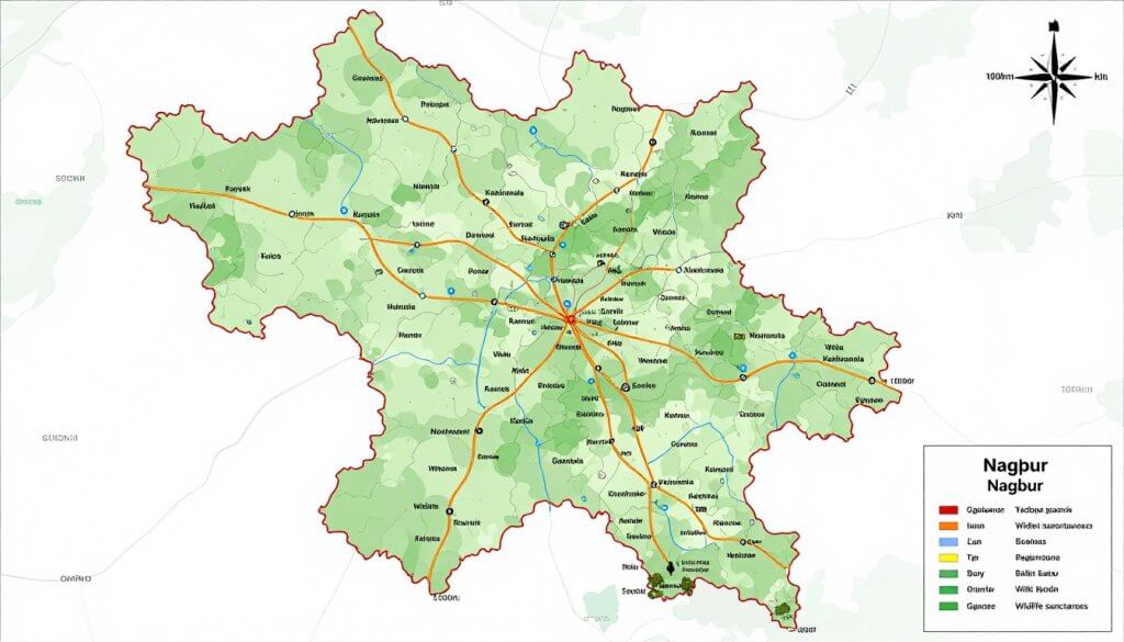 Map showing places to visit near Nagpur within 100 km with distance markers