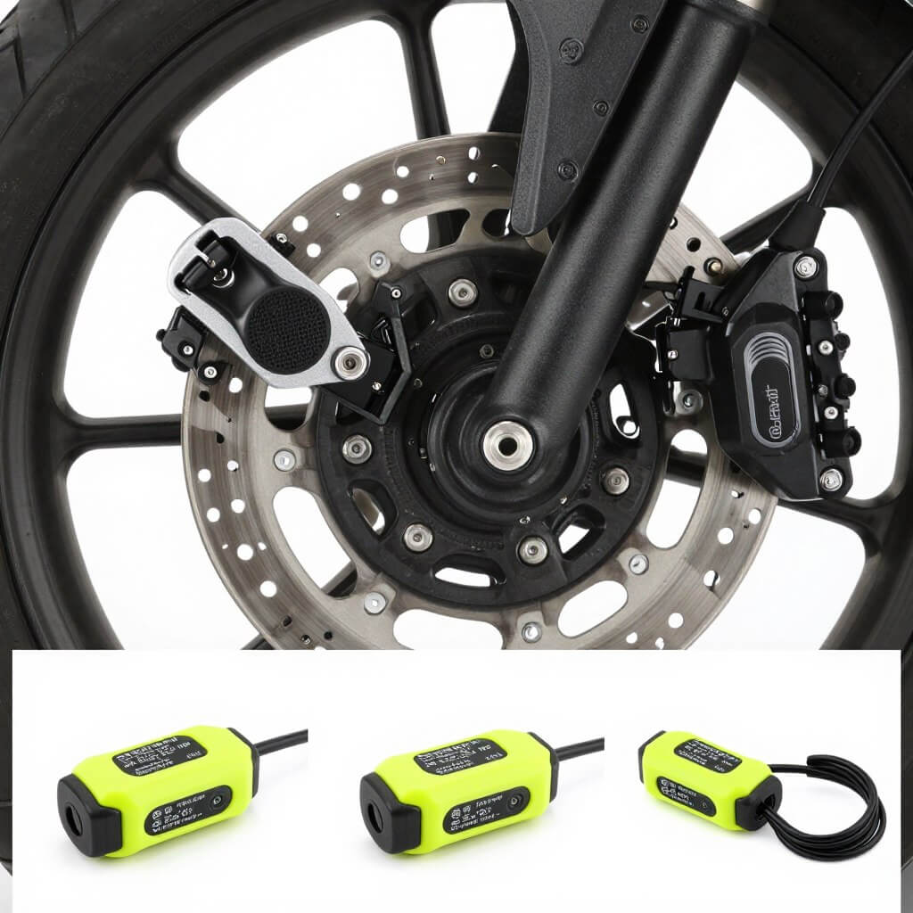 Motorcycle disc lock with alarm and reminder cable