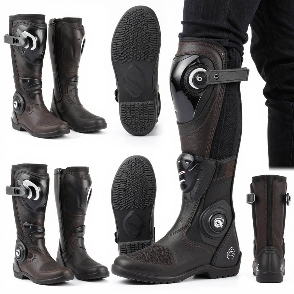 Motorcycle riding boots with ankle protection and oil-resistant soles