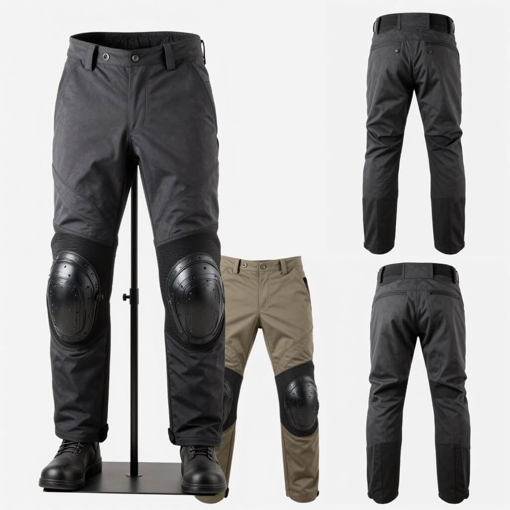 Motorcycle riding pants with knee armor and abrasion-resistant material
