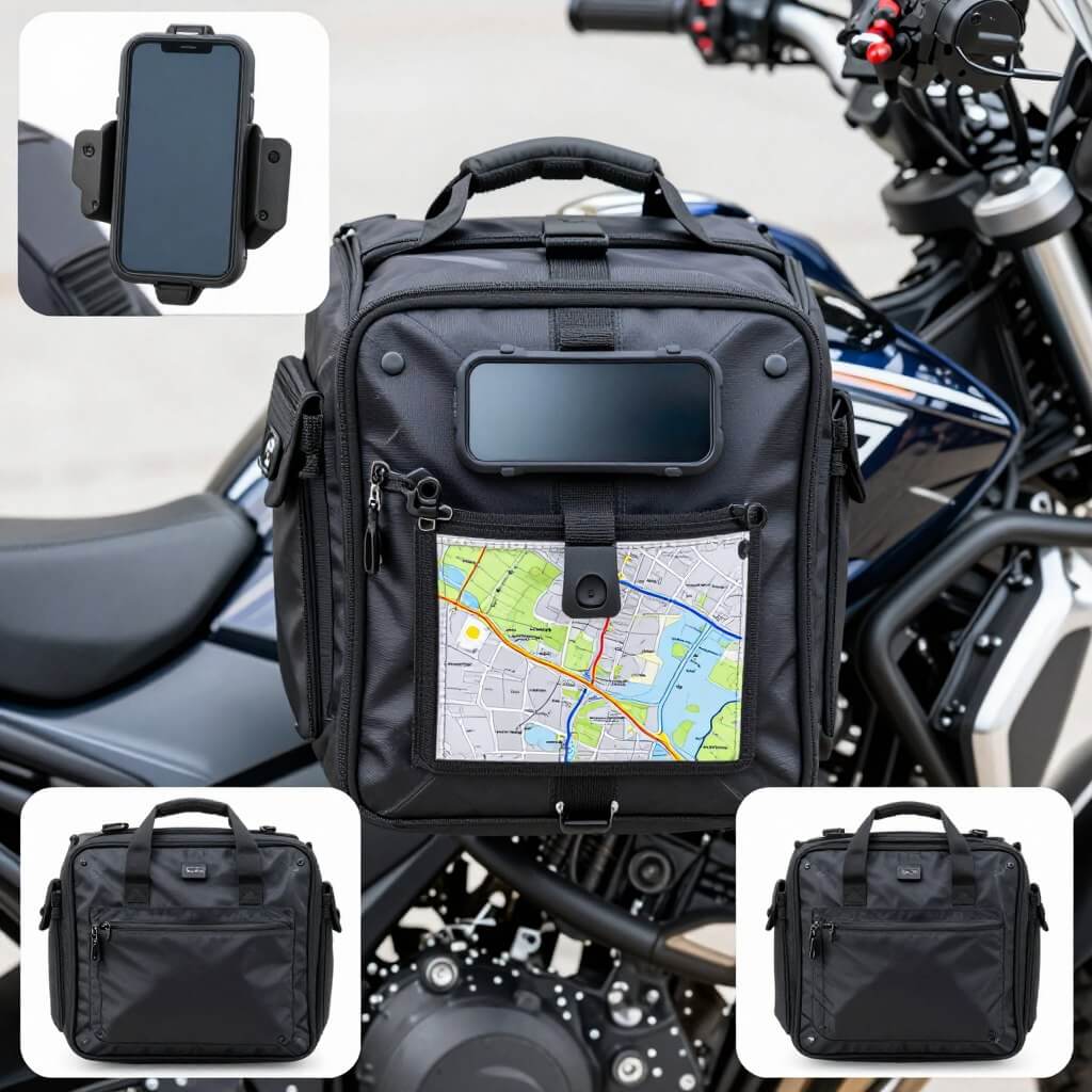 Motorcycle tank bag with phone holder and map pocket mounted on a bike