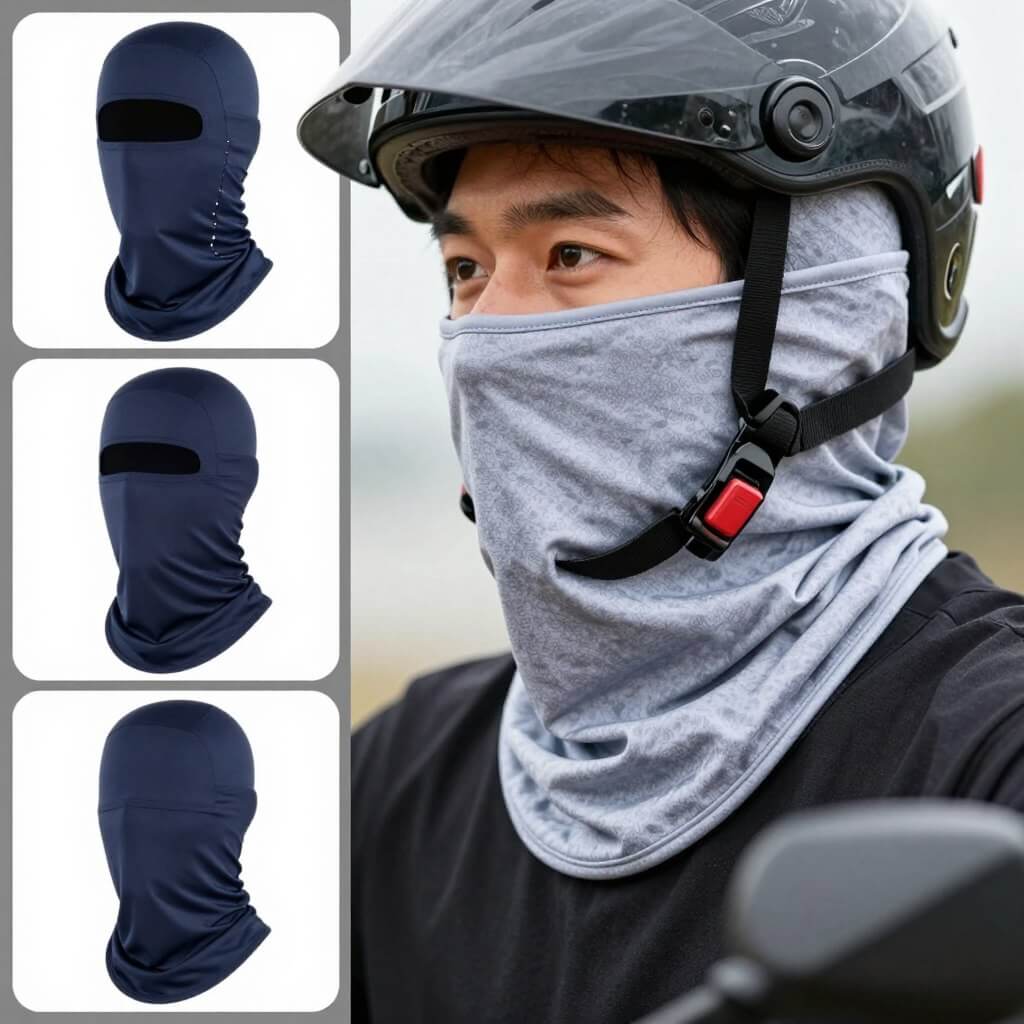 Neck gaiter/buff being worn as dust protection while riding a motorcycle