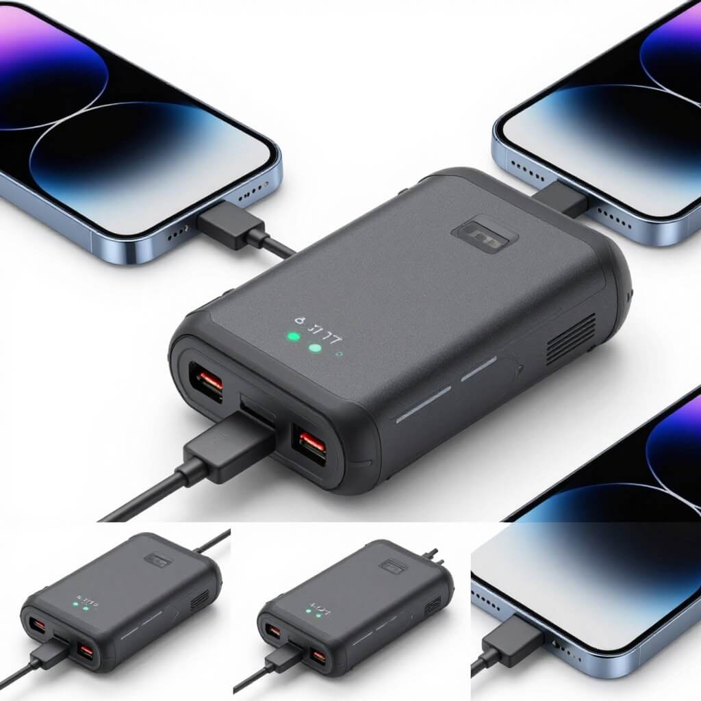 Portable power bank charging a smartphone with multiple devices connected