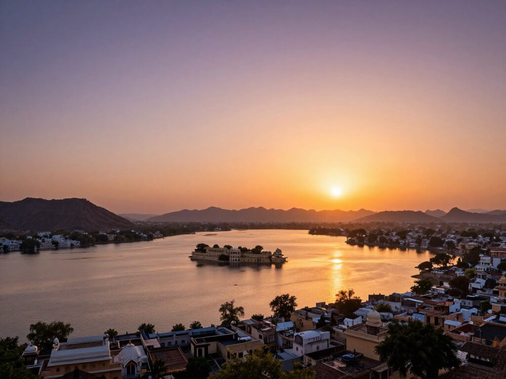 Sunset view from Monsoon Palace overlooking Udaipur city and its lakes