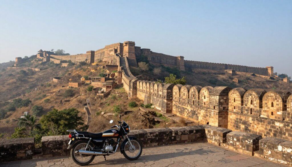 The Great Wall of India at Kumbhalgarh Fort stretching across hillsides with a motorcycle parked at a viewpoint