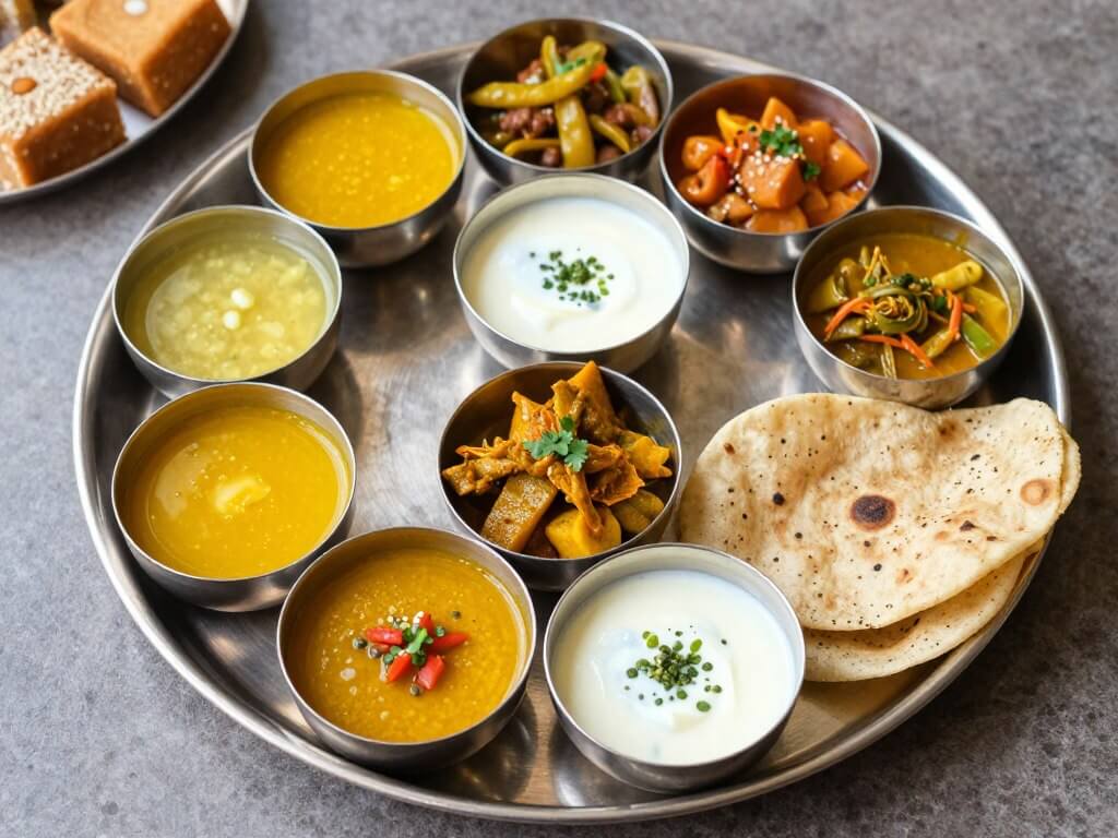 Traditional Rajasthani thali meal with multiple dishes, bread, and accompaniments